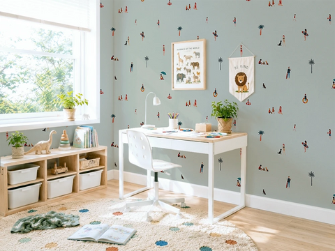 Children's room with a desk, chair, and decorative kids wallpaper pattern of a sunny beach. 