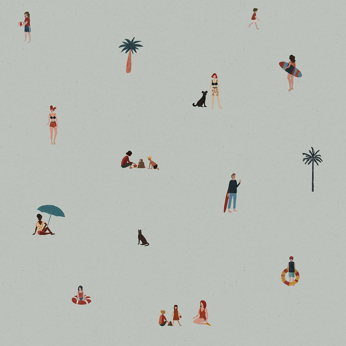 Kids wallpaper pattern with people, palm trees, and a dog on a light green background.