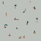 Kids wallpaper pattern with people, palm trees, and a dog on a light green background.