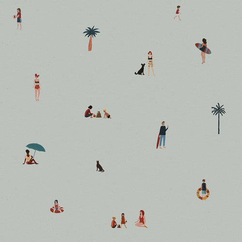 Kids wallpaper pattern with people, palm trees, and a dog on a light green background.
