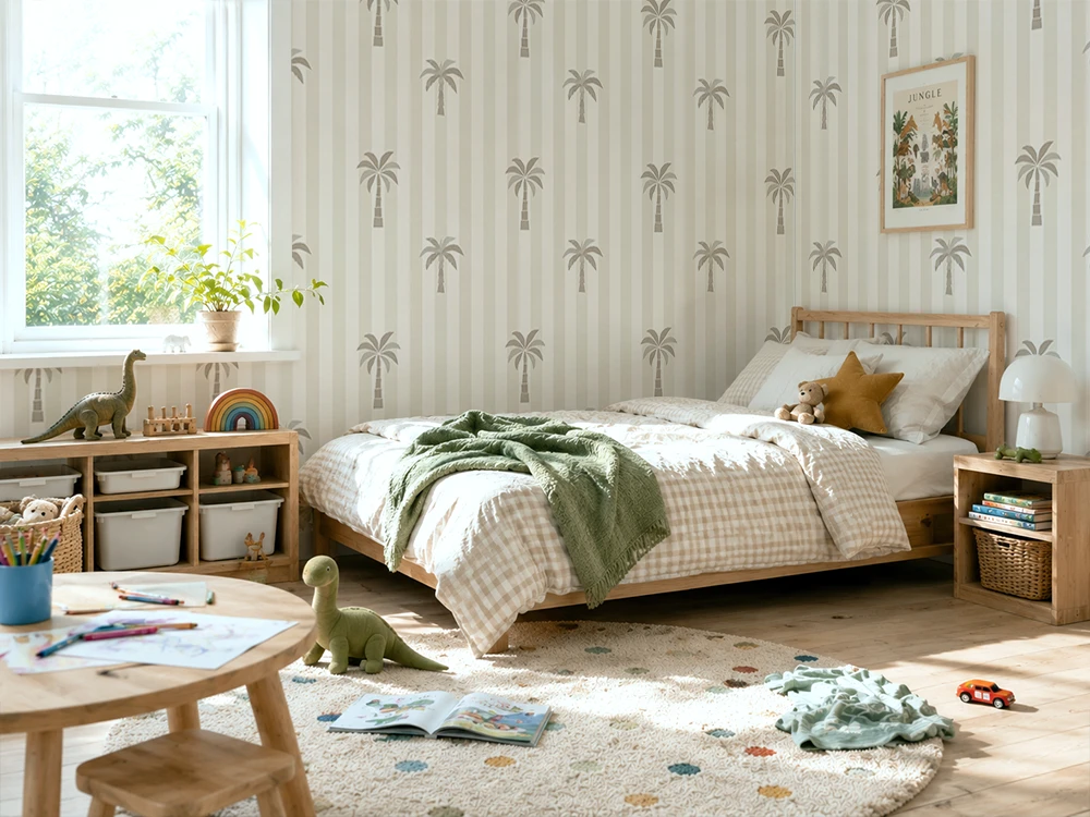 Children's bedroom with palm tree wallpaper, bed, and toys.