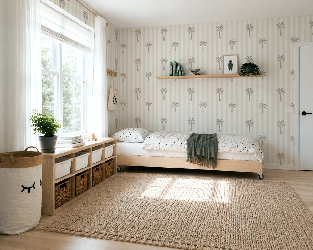 Nursery room with crib, wooden bench, and beige palm tree striped wallpaper.