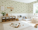 Children's playroom with wallpaper, toys, furniture, and decorative elements.