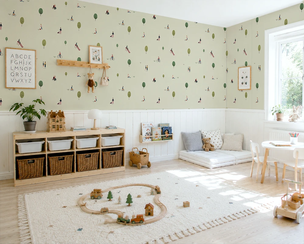 Children's playroom with wallpaper, toys, furniture, and decorative elements.