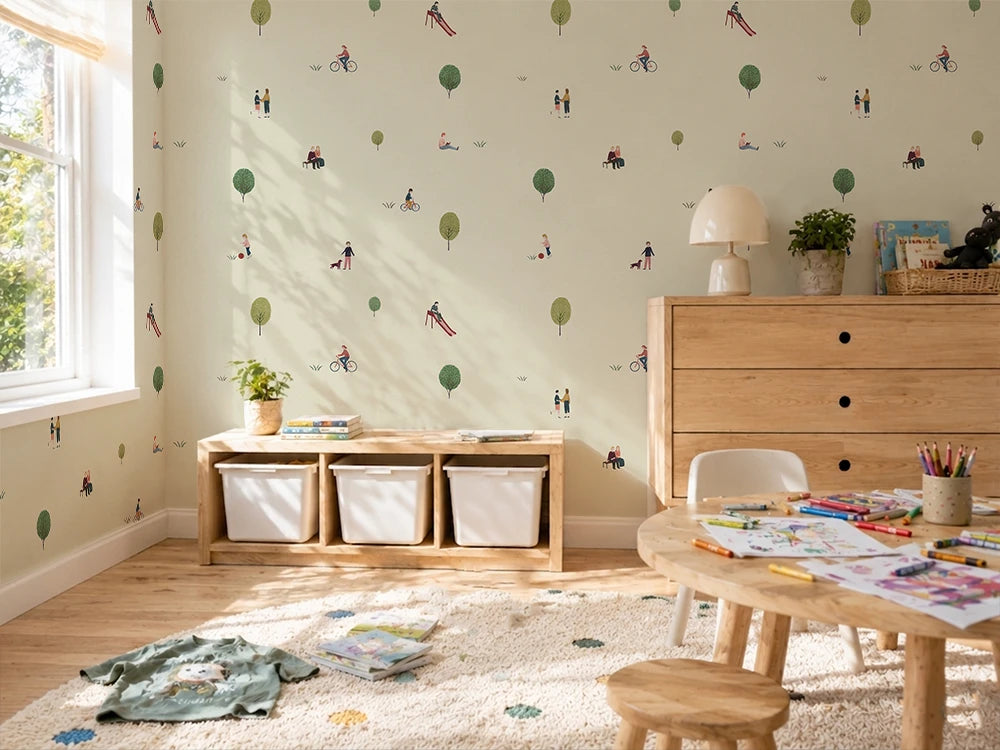 Children's playroom with kids wallpaper, wooden furniture, toys.