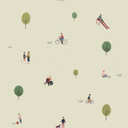 wallpaper pattern illustration of people and trees on a beige background