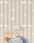 Children's room with striped cloud wallpaper, shelves, and toys.