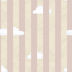 Wallpaper pattern of white clouds on a background with vertical pink and beige stripes