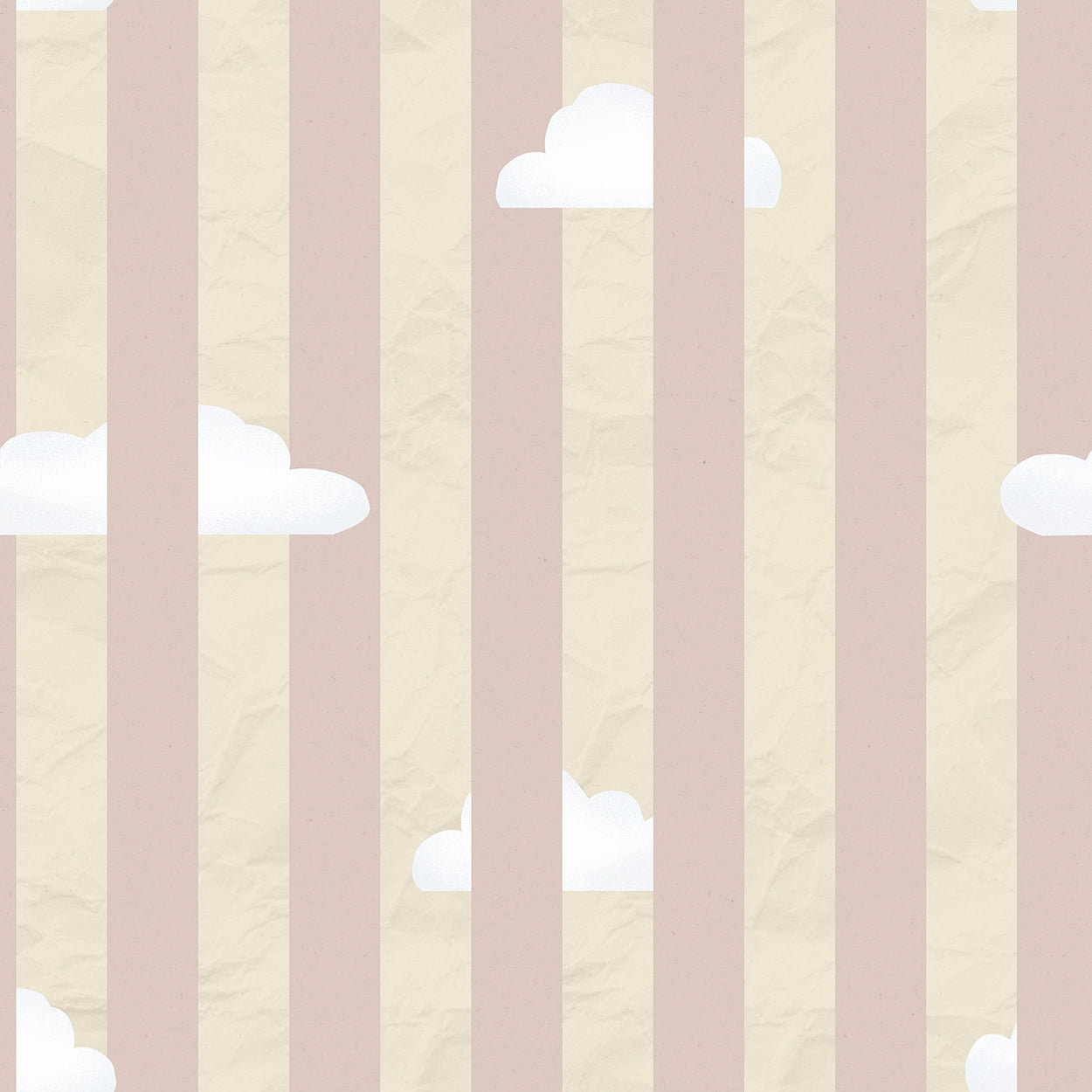 Wallpaper pattern of white clouds on a background with vertical pink and beige stripes