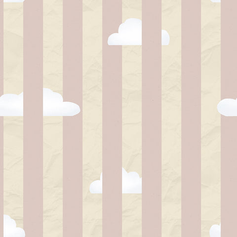 Wallpaper pattern of white clouds on a background with vertical pink and beige stripes