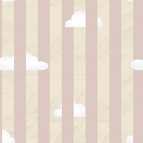 Wallpaper pattern of white clouds on a background with vertical pink and beige stripes