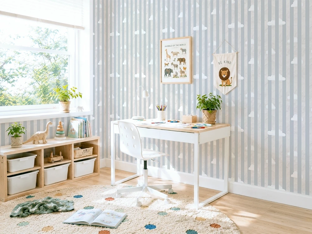 Children's room with striped wallpaper, a desk, shelves, and decorative elements.
