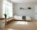 Modern teenager bedroom with striped wallpaper, wooden bed, and storage units.