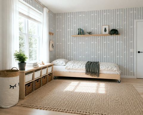 Modern teenager bedroom with striped wallpaper, wooden bed, and storage units.