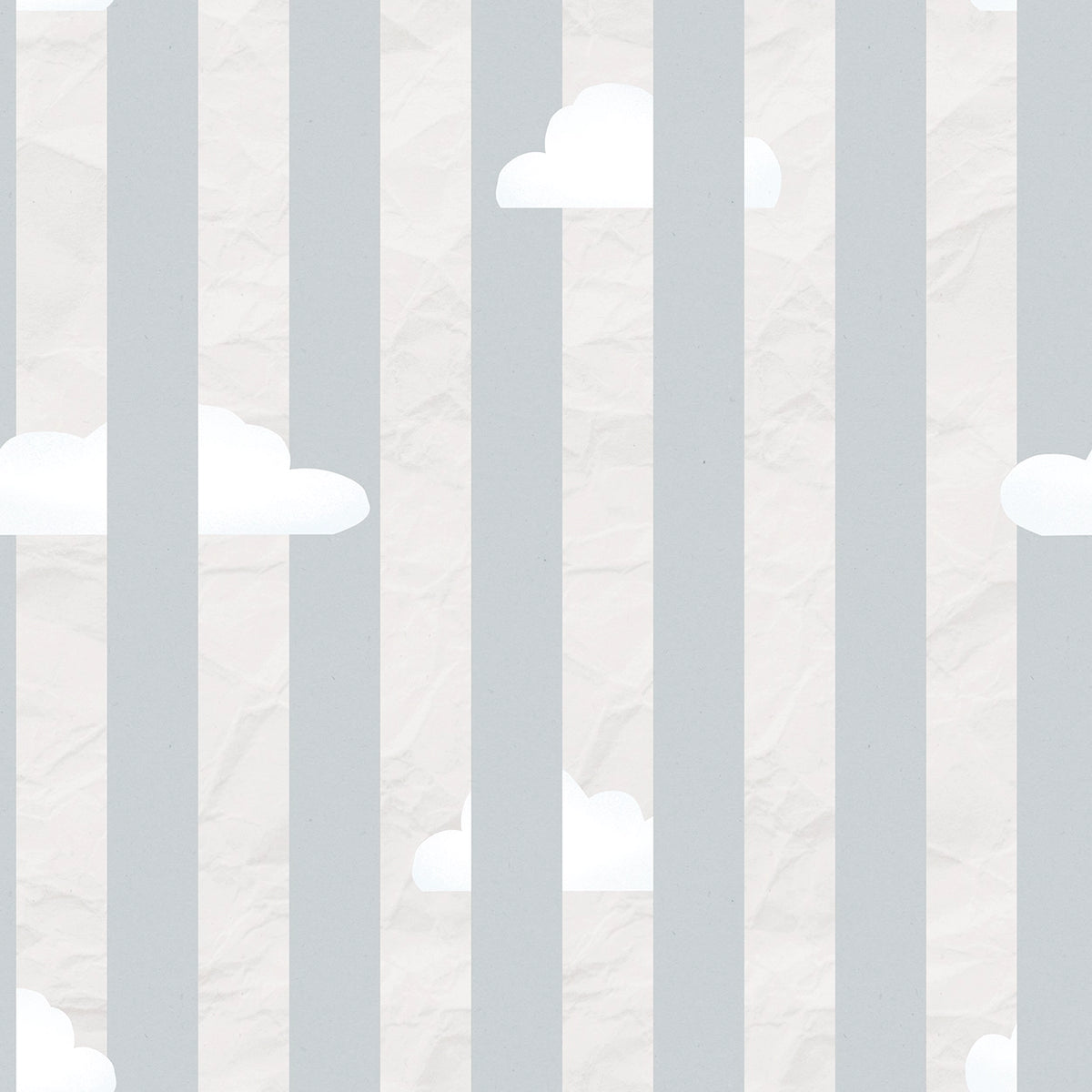 Textured wallpaper with vertical stripes and cloud patterns in gray and white.