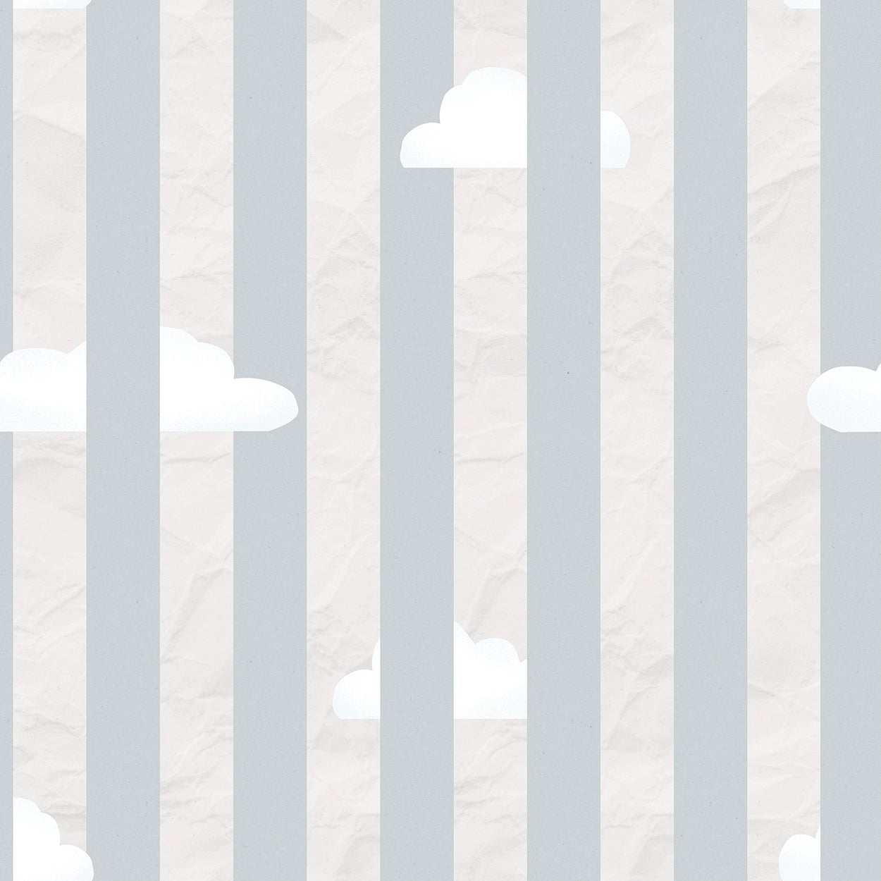 Textured wallpaper with vertical stripes and cloud patterns in gray and white.