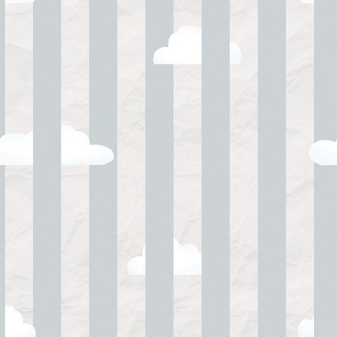 Textured wallpaper with vertical stripes and cloud patterns in gray and white.