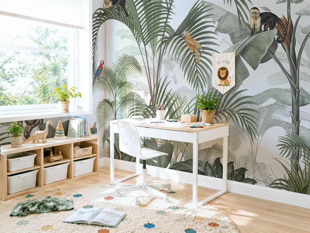 Children's room with jungle-themed wallpaper, desk, and toys.