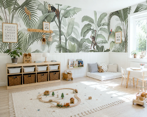 Children's playroom with tropical wallpaper, toys, and furniture.