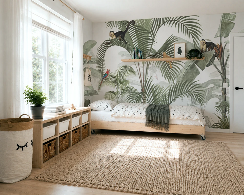 Modern kids bedroom with tropical wallpaper mural, wooden bed, and natural decor.