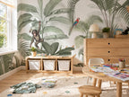 Children's room with jungle-themed wallpaper, wooden furniture, and toys.
