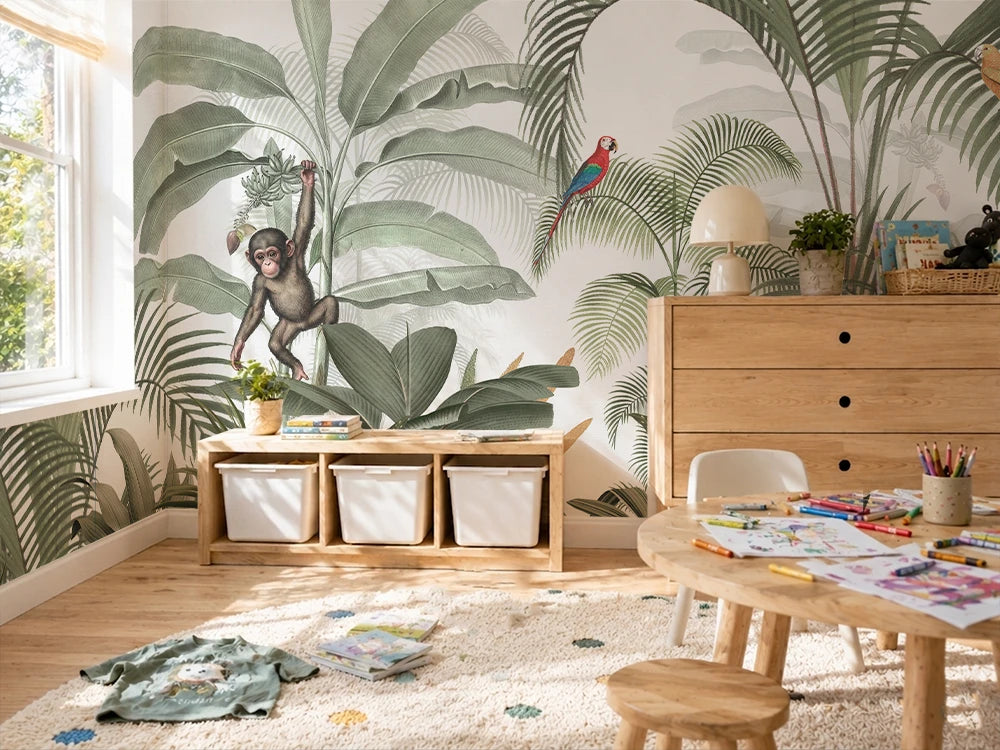 Children's room with jungle-themed wallpaper, wooden furniture, and toys.