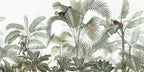 Tropical wallpaper with monkeys and birds among palm leaves