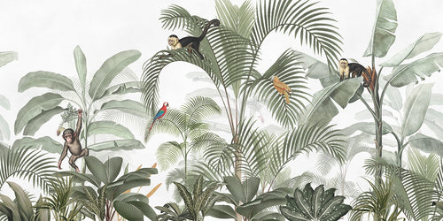 Tropical wallpaper with monkeys and birds among palm leaves