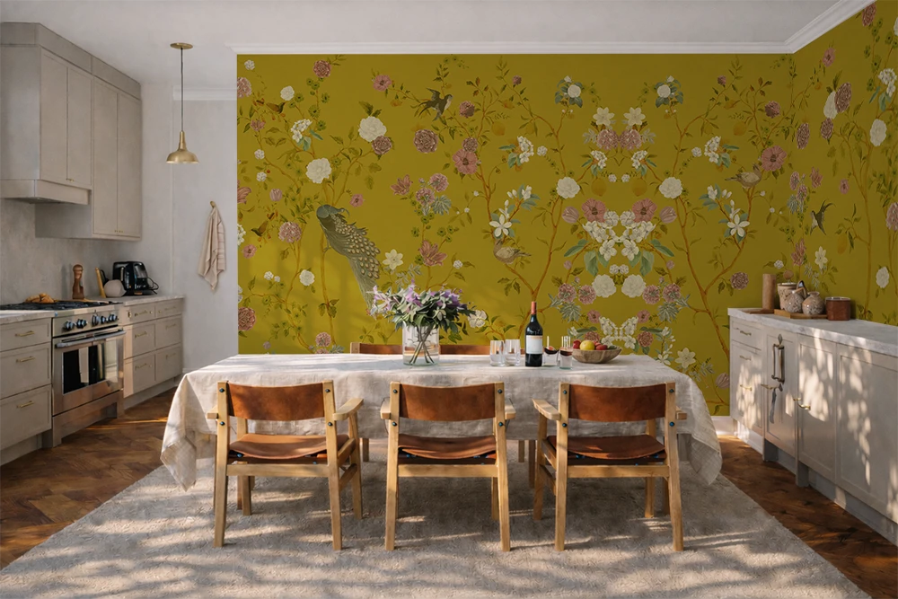 Kitchen with a dining table and chairs against a wall with chinoiserie wallpaper with a yellow background, featuring flowers and peacocks. 