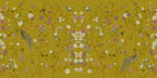 Chinoiserie wallpaper with floral and bird design on a yellow background, featuring flowers and peacocks. 