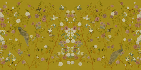 Chinoiserie wallpaper with floral and bird design on a yellow background, featuring flowers and peacocks. 