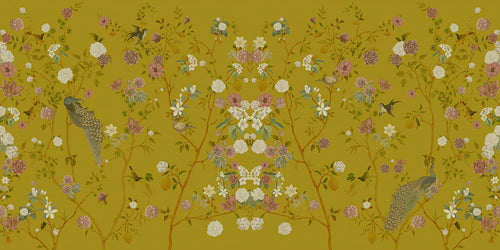 Chinoiserie wallpaper with floral and bird design on a yellow background, featuring flowers and peacocks. 