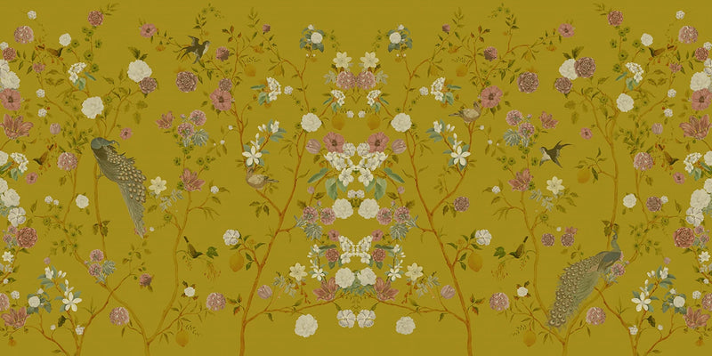 Chinoiserie wallpaper with floral and bird design on a yellow background, featuring flowers and peacocks. 