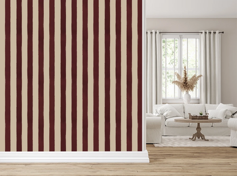 Red hand painted wallpaper wth stripes. 