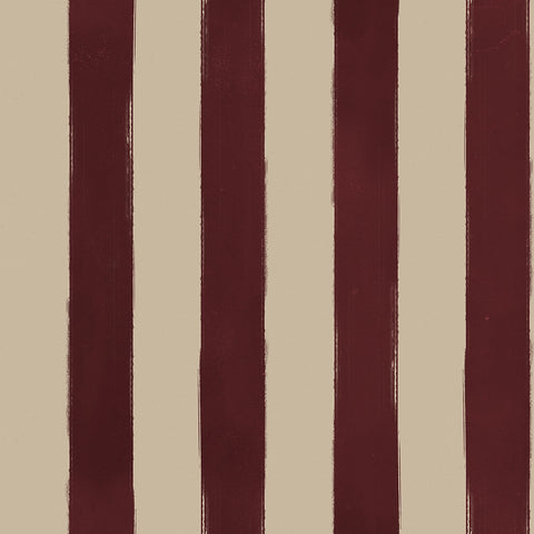 Hand painted pattern of vertical red and beige stripes on a textured fabric background