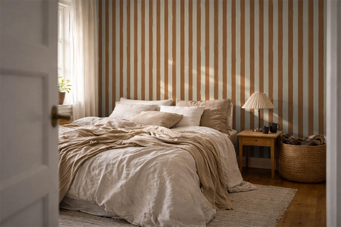 Cozy bedroom with striped yellow wallpaper, bed, lamp, and basket.
