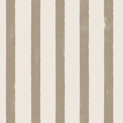 Greige wallpaper pattern of vertical stripes in brown and white on a textured background