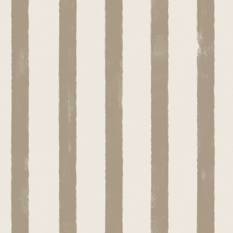 Greige wallpaper pattern of vertical stripes in brown and white on a textured background