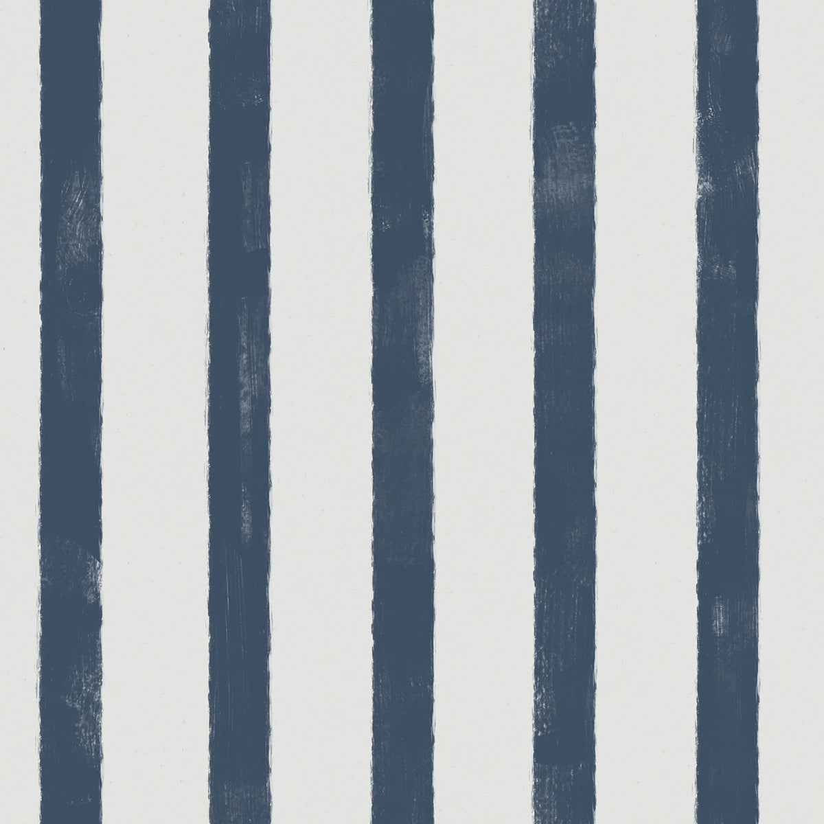 A close-up of a striped pattern featuring vertical navy blue stripes with a textured, hand-painted look on an off-white background.