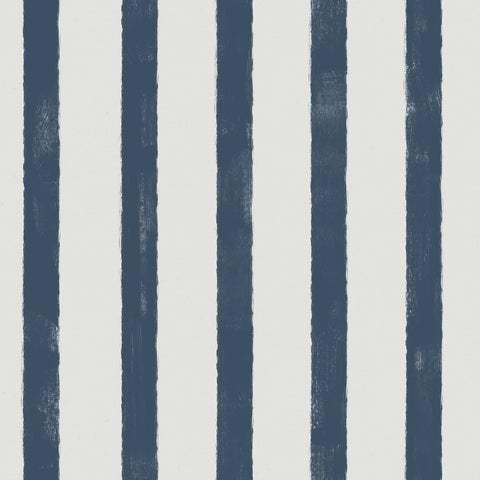 A close-up of a striped pattern featuring vertical navy blue stripes with a textured, hand-painted look on an off-white background.