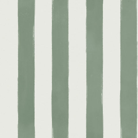 Vertical striped wallpaper pattern featuring alternating sage green and off-white stripes with a textured, hand-painted look.