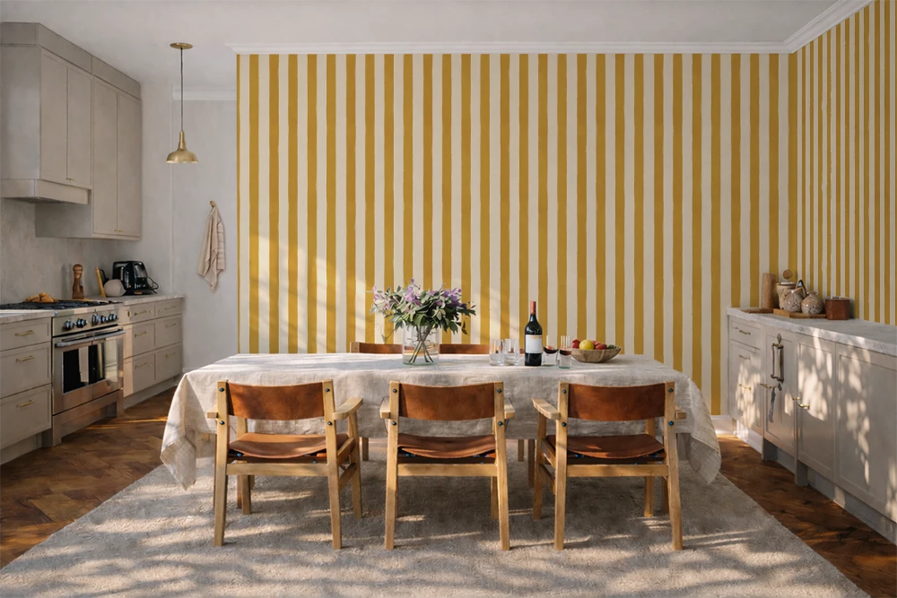 Modern Kitchen with a table, and a hand painted wallpaper with stripes of cream and yellow. 