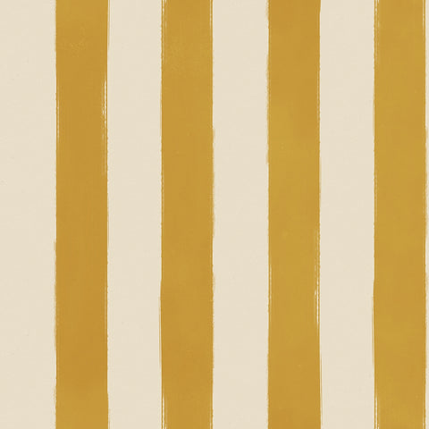 Hand painted wallpaper with stripes of cream and yellow. 