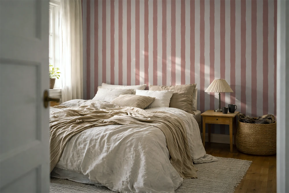 Bedroom with white and brown sheets, a wooden floor, nightstand with a lamp, and a striped wallpaper with pink brush strokes. 