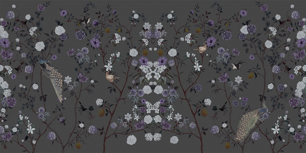 Chinoiserie wallpaper with floral and butterfly pattern on a dark background 