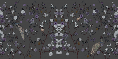 Chinoiserie wallpaper with floral and butterfly pattern on a dark background 