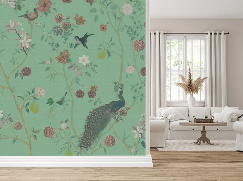 Floral chinoiserie wallpaper, next to a living room with white furniture. 