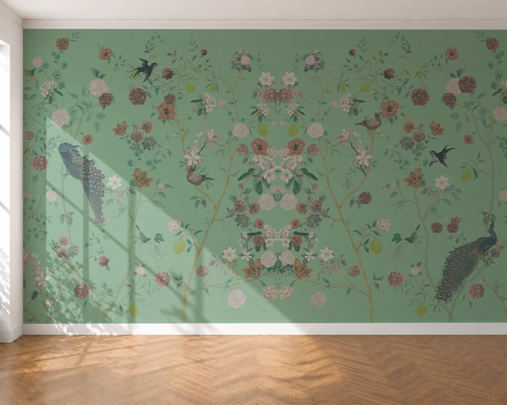 Floral chinoiserie wallpaper, with birds and peacocks.