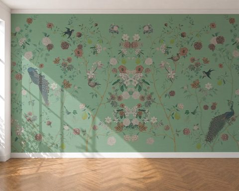 Floral chinoiserie wallpaper, with birds and peacocks.