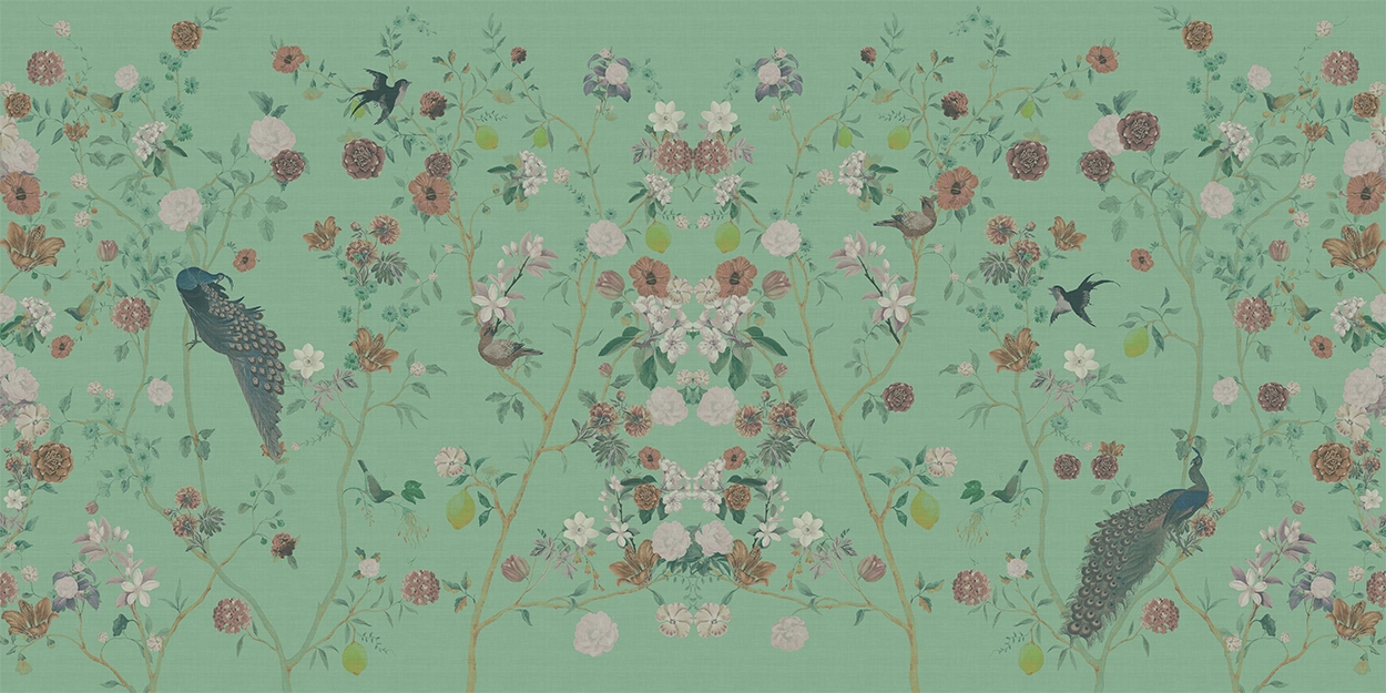 Floral chinoiserie wallpaper, with birds, flowers and peacocks.